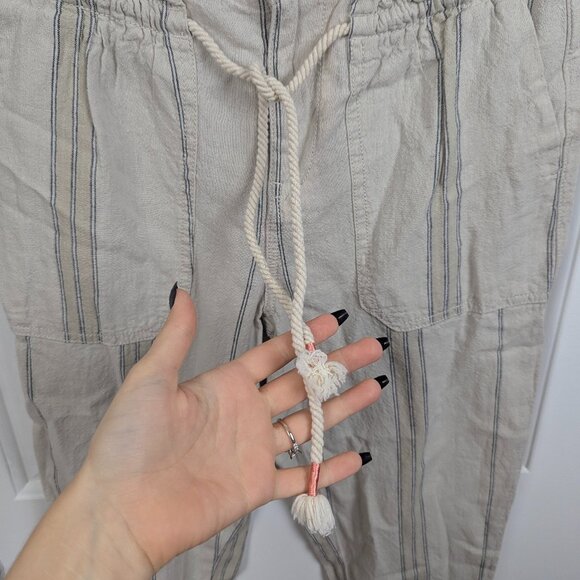 Anthropologie | Cream Striped Linen Cargo Drawstring Pants Size XS - Picture 3 of 8